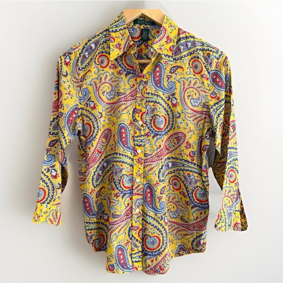 Lauren Ralph Lauren Paisley Button-Up Shirt Yellow Cotton Boho Retro Women's XS - Picture 1 of 12
